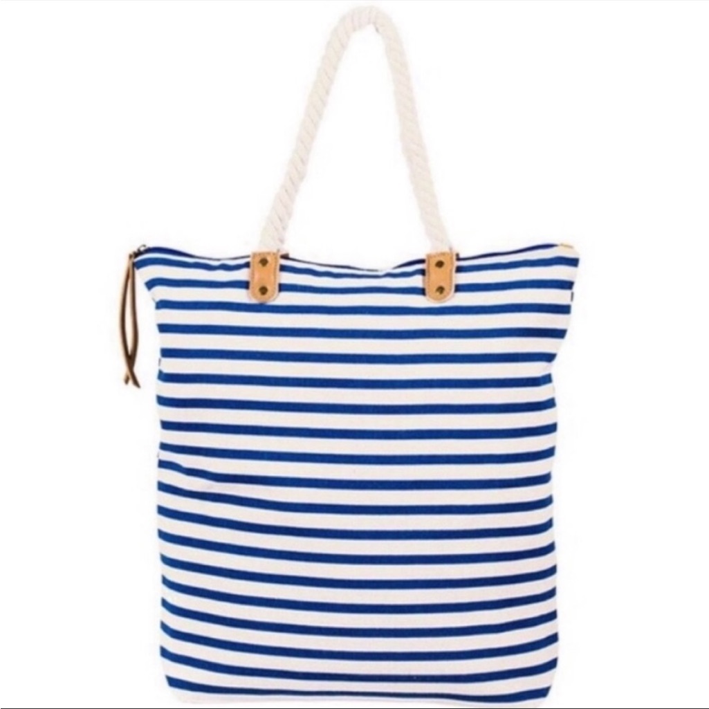 Summer & Rose Brittany Blue Ivory Striped Summer Beach Canvas Tote Rope Bag